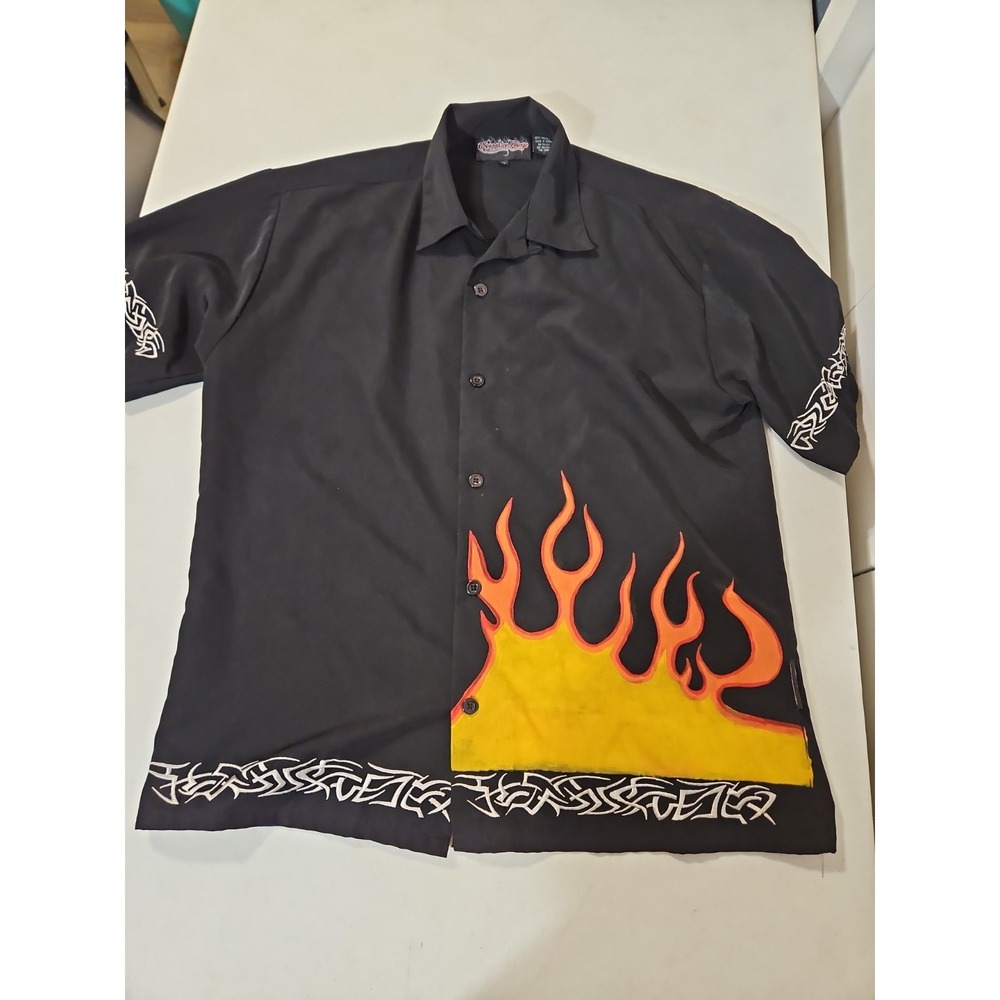 Sapphire Lounge Button Down Shirt‎ Black Mens M Tribal 'Painted Flames'  (1684